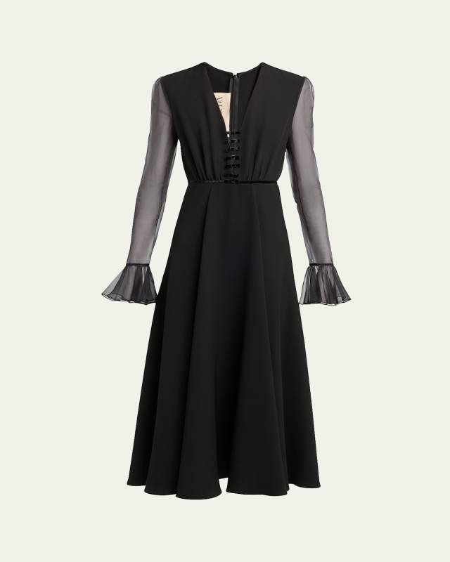 Bow-Embellished Illusion Silk Midi Dress